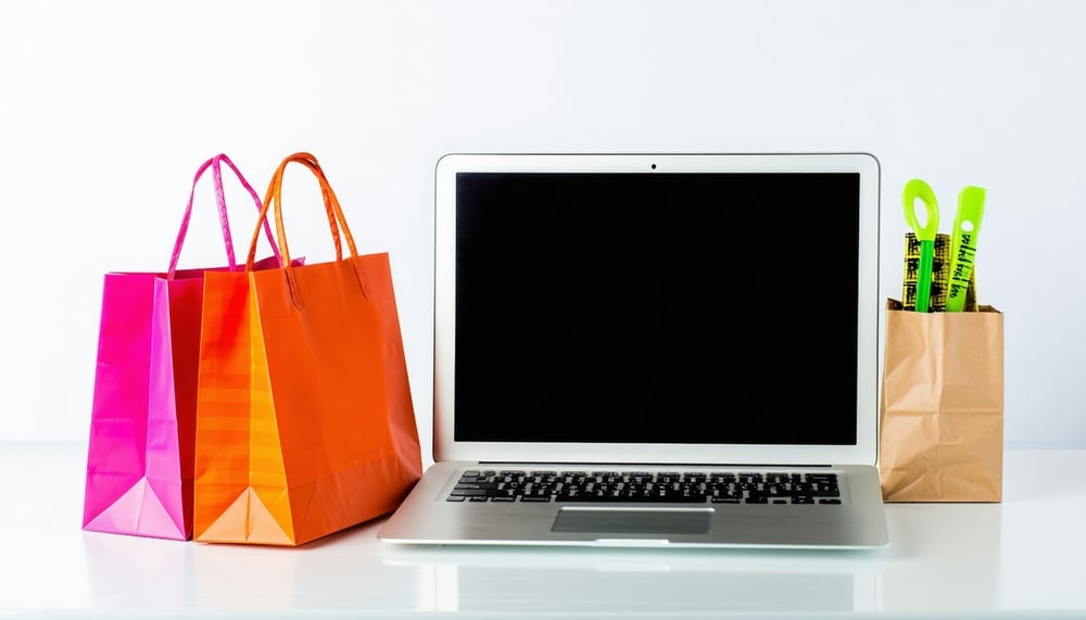 Online shopping with a laptop and shopping bags